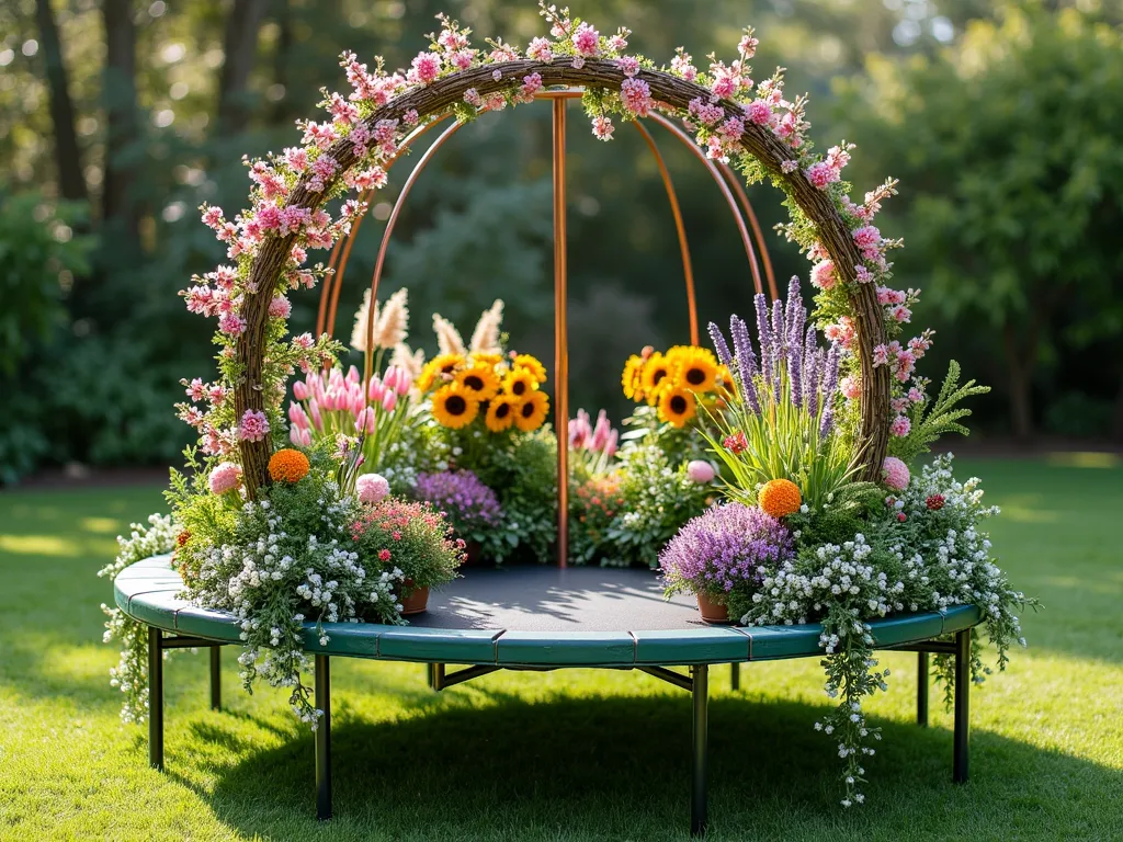 Four Seasons Trampoline Garden Display - A circular trampoline frame transformed into an elevated garden display, divided into four equal sections representing each season. Spring section blooms with pink cherry blossoms and tulips, Summer showcases vibrant sunflowers and lavender, Autumn features chrysanthemums and ornamental grasses in warm oranges, and Winter displays evergreen branches with white berry clusters and frosted ornaments. The circular display is photographed in a backyard garden setting with soft natural lighting, creating a stunning 360-degree seasonal showcase. Each quarter is meticulously styled with season-appropriate decorations and plants, separated by elegant copper dividers. The structure is elevated on decorative metal legs, with trailing plants cascading down the sides.