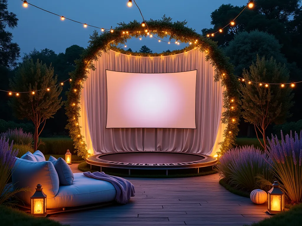 Enchanting Garden Movie Night Setup - A magical twilight garden scene with a circular trampoline frame transformed into an outdoor movie screen, draped with flowing white projection fabric. Cozy outdoor seating arranged in front with plush cushions, throw pillows, and vintage-style lanterns. String lights elegantly wrapped around the frame creating a warm ambiance. Ornamental grasses and lavender plants softly frame the viewing area. Low lighting captures the glow of a movie being projected onto the screen. Natural wood deck or stone patio surface beneath, photorealistic, cinematic lighting, atmospheric garden setting