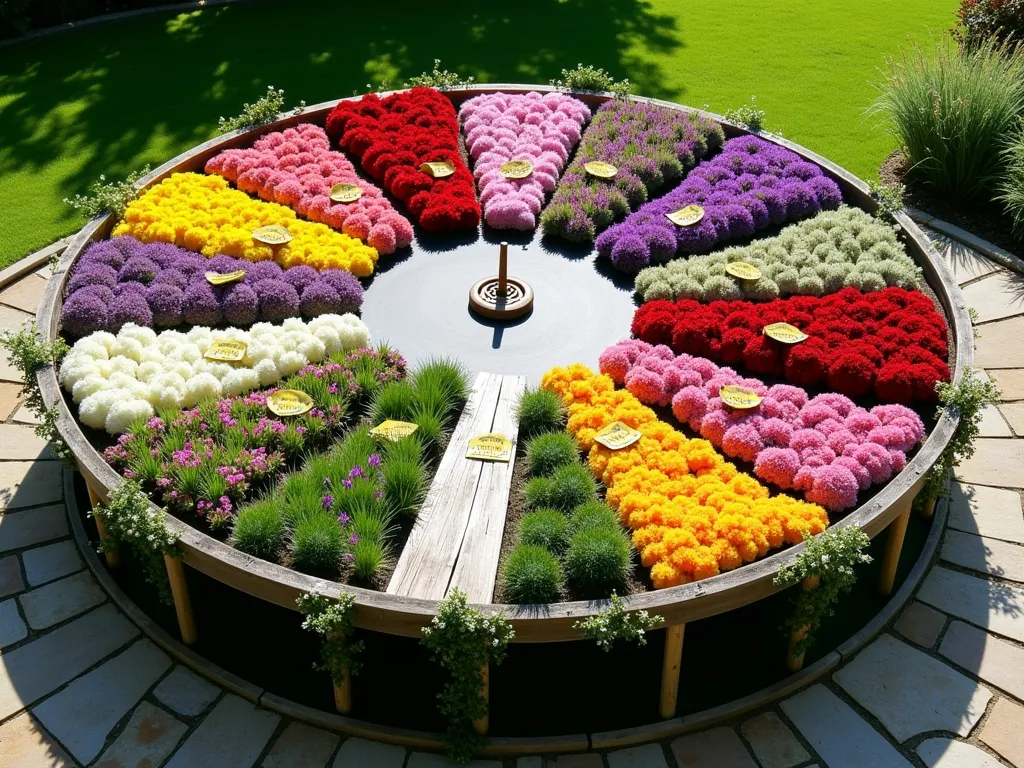 Living Trampoline Calendar Garden - A circular trampoline frame transformed into a stunning living calendar garden, divided into 12 equal pie-shaped sections viewed from above. Each section showcases different seasonal flowers in peak bloom: spring tulips, summer lavender, autumn chrysanthemums, and winter hellebores. The segments are neatly divided by rustic wooden planks creating a wagon wheel effect. Natural stone path surrounds the circular garden, with a decorative sundial centerpiece. Soft morning light casts gentle shadows across the blooming sections, while climbing roses wind up the frame's legs. Garden markers indicate month names on each section. Vibrant colors blend harmoniously, creating a rainbow effect around the circle.