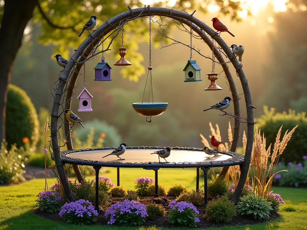 Enchanted Trampoline Bird Sanctuary - A circular trampoline frame transformed into a magical bird sanctuary, photographed at golden hour. Multiple vintage-style copper and brass bird feeders hang at different heights from the frame using decorative chains. A large ceramic bird bath sits suspended in the center, catching the warm sunlight. Natural twisted branches are artfully attached across the frame, creating natural perches. Several wooden birdhouses in pastel colors are mounted along the top curve. The base is surrounded by a lush garden featuring purple coneflowers, black-eyed susans, and tall ornamental grasses. Several chickadees and cardinals are perched throughout the structure. Soft bokeh effect in background with dappled sunlight filtering through nearby trees. Professional garden photography style, high-end landscaping aesthetic.