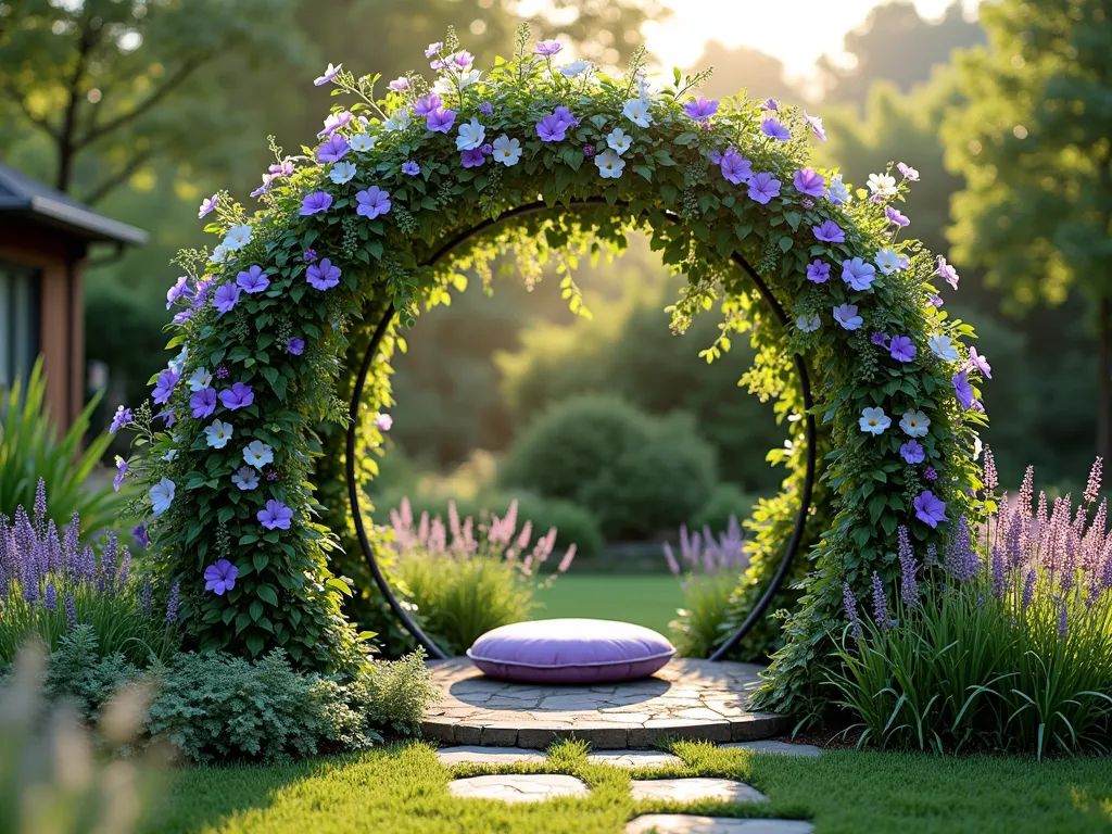 Enchanted Trampoline Dome Garden Sanctuary - A magical garden scene featuring a repurposed circular trampoline frame transformed into a living dome. The metal frame is completely covered in lush, flowering vines including purple clematis, white jasmine, and vibrant morning glories in shades of blue and purple. Sunlight filters through the foliage creating dappled patterns on a small meditation cushion placed beneath. The dome is set in a peaceful backyard garden with natural stone pavers leading to its entrance. Soft afternoon lighting, photorealistic, high detail, magical garden atmosphere, focal point in a landscaped setting with decorative grasses and complementary perennials surrounding the base.