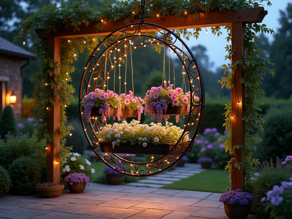 Enchanted Trampoline Frame Garden Chandelier - A magical garden scene at dusk showing a circular black metal trampoline frame suspended horizontally from a rustic wooden pergola, transformed into an ethereal hanging garden chandelier. Multiple ornate hanging baskets cascade with purple wisteria, pink trailing petunias, white trailing lobelia, and silvery dichondra. Warm glowing solar-powered fairy lights are intertwined throughout the frame, creating a mesmerizing halo effect. The background features a softly lit garden with mature trees and climbing roses, while the hanging garden chandelier casts enchanting light patterns on a stone patio below. Photorealistic, magical atmosphere, soft evening lighting.