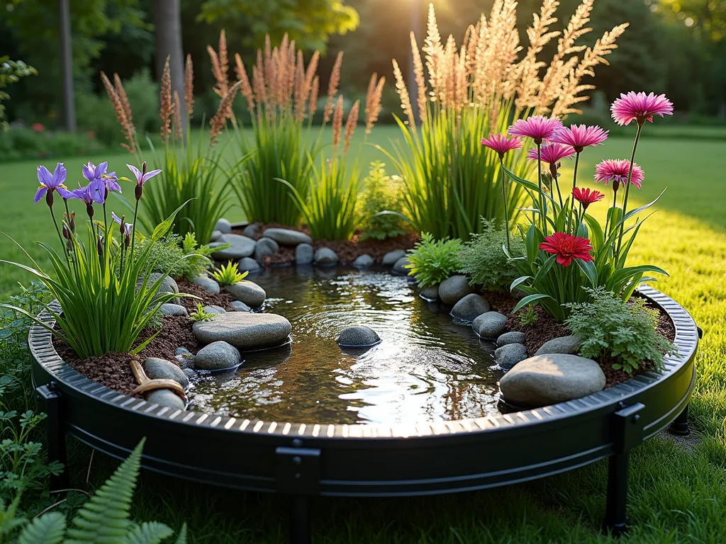 Trampoline Frame Rain Garden Oasis - A circular rain garden contained within a repurposed black metal trampoline frame, featuring layers of water-loving plants in a naturalistic design. Japanese iris, swamp milkweed, and cardinal flowers create vibrant pops of purple, pink and red, while ornamental grasses sway in the background. Stone-lined channels direct water flow into the slightly sunken garden bed filled with moisture-retentive soil. Natural river rocks and smooth pebbles create artistic drainage patterns throughout. Lush ferns and marsh marigolds fill the edges, creating a lush, therapeutic water garden scene. Golden evening light casts long shadows across the peaceful garden space, highlighting the ecological design and sustainable water management.