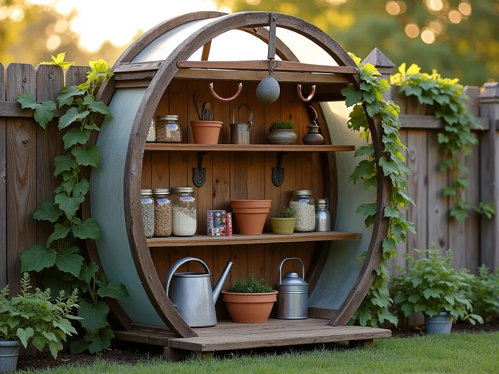 Rustic Trampoline Frame Garden Storage Station - A repurposed circular trampoline frame transformed into an elegant garden storage station, photographed during golden hour. The frame features weathered wood shelving arranged in tiers, with copper hooks hanging below. Mason jars filled with garden tools, terra cotta pots, and seed packets are neatly organized on the wooden shelves. A clear polycarbonate roof covers the top, creating a protective canopy. Vintage garden tools hang from copper hooks, while metal watering cans and hand trowels are artfully arranged. Natural climbing ivy partially covers one side of the frame, adding organic charm. The structure sits against a rustic wooden fence with soft bokeh effect of a garden in the background.