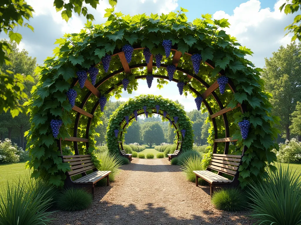 Rustic Trampoline Frame Grape Arbor - A transformed circular trampoline frame repurposed into a stunning grape arbor in a sun-drenched garden setting, wooden cross-beams added in a lattice pattern across the top, with mature grapevines elegantly winding around the frame structure. Abundant clusters of purple grapes hang down, creating a natural canopy. The metal frame is partially visible through lush green grape leaves, showing its innovative reuse. Soft afternoon sunlight filters through the foliage, casting dappled shadows on the rustic wood chip path below. Small wooden bench underneath for peaceful seating. Photorealistic, high detail, garden photography style