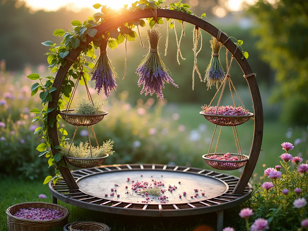 Rustic Trampoline Frame Herb Drying Station - A repurposed circular trampoline frame transformed into a beautiful herb drying station in a cottage garden setting, golden evening sunlight filtering through. Multiple rows of natural twine crisscross the frame, holding bundles of lavender, sage, and wildflowers hanging to dry. Wire mesh shelves are attached at different levels, displaying scattered rose petals and herb leaves. The structure is weathered to a charming patina, with delicate climbing jasmine beginning to wind up one side. Several woven baskets rest beneath, catching fallen petals. The scene is backdropped by a mix of cottage garden perennials in soft focus.