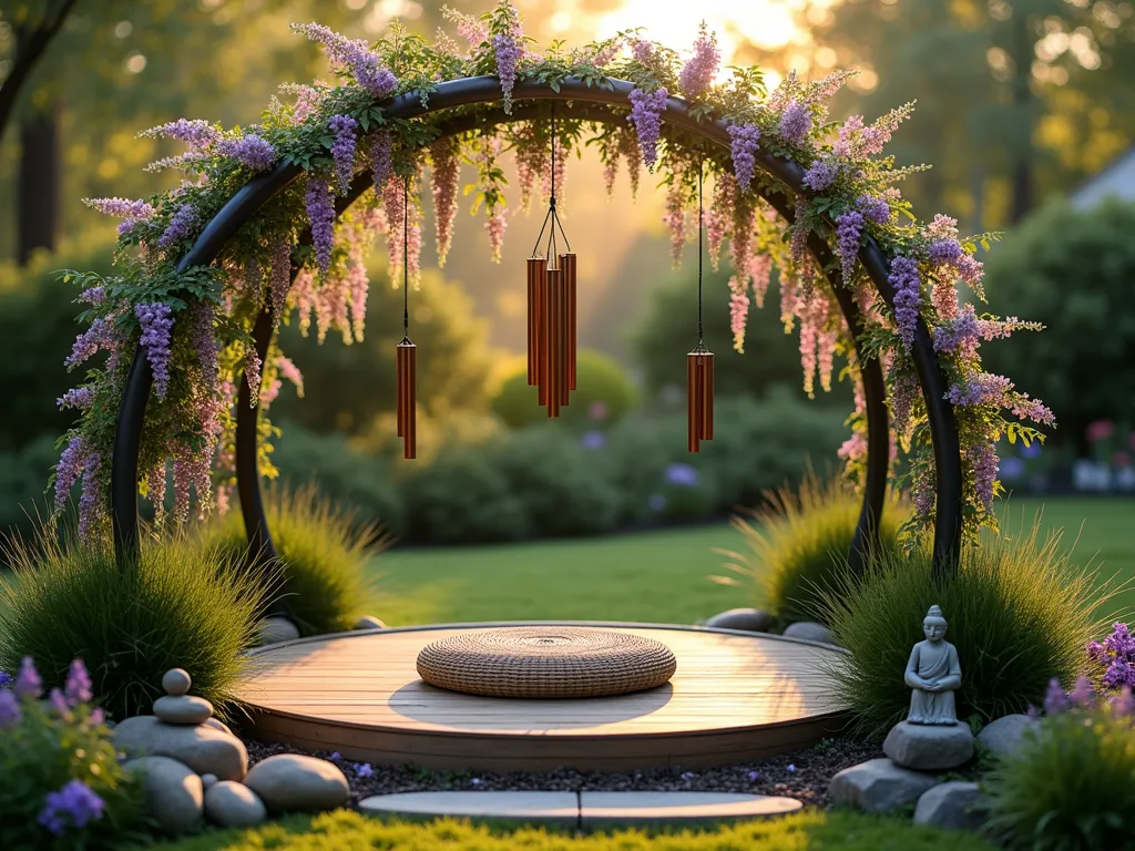 Serene Trampoline Frame Meditation Circle - A circular trampoline frame transformed into a magical meditation sanctuary, covered in blooming wisteria and jasmine vines cascading down like a natural canopy. In the center, a comfortable round rattan meditation cushion sits on natural wood decking. Delicate copper wind chimes hang at different heights, catching golden evening light. Japanese forest grass and purple salvias create a soft border around the base. Stone lanterns and small Buddha statues are thoughtfully placed among the greenery. The scene is captured during golden hour, with gentle bokeh effects filtering through the flowering vines, creating an ethereal atmosphere of peace and tranquility in a backyard garden setting.