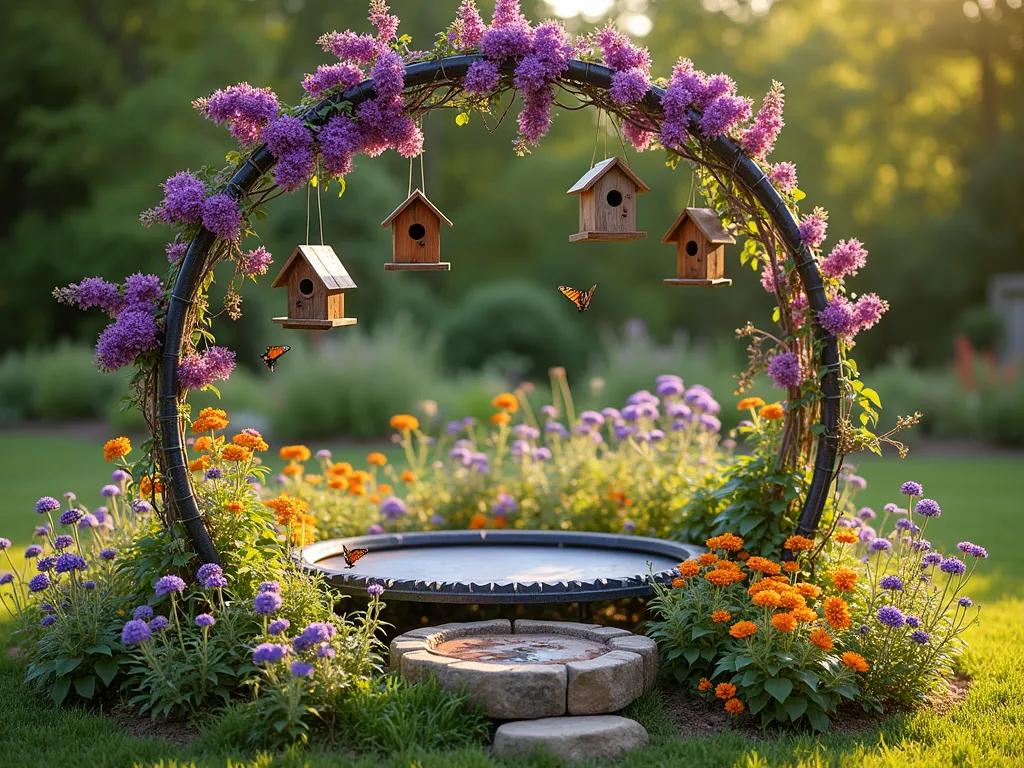 Trampoline Frame Pollinator Paradise - A circular trampoline frame transformed into a lush pollinator garden, photographed in warm afternoon sunlight. The metal frame is wrapped with blooming purple wisteria and climbing red honeysuckle. Below, a vibrant mix of native wildflowers including purple coneflowers, black-eyed susans, and bright orange butterfly weed creates a colorful meadow effect. Several rustic bee houses hang from the frame's crossbars, while a shallow decorative stone butterfly puddling station sits among the flowers. Monarch butterflies and bumblebees are visible visiting the flowers. The garden is photographed from a slight angle, showcasing the dimensional layers of the design, with soft bokeh effect in the background showing a natural garden setting.