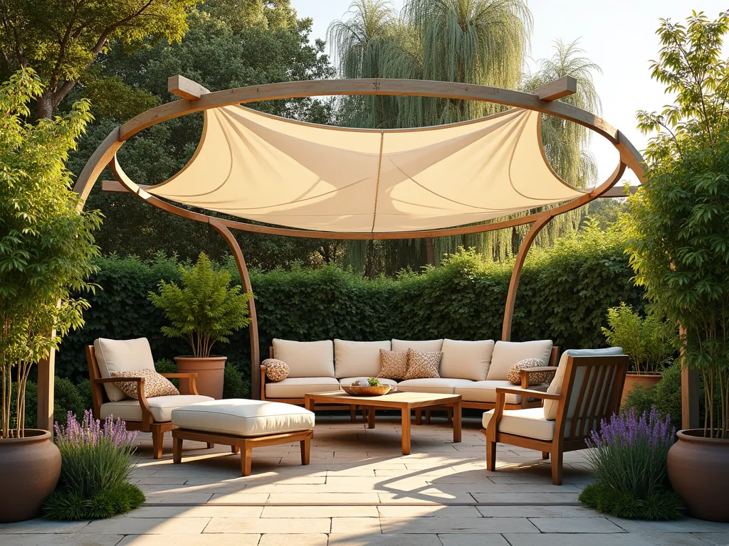 Tranquil Trampoline Frame Shade Retreat - A serene garden scene featuring a repurposed circular trampoline frame transformed into an elegant shade structure. The frame is draped with flowing white and cream-colored shade cloth creating a sail-like canopy effect. Underneath, a cozy arrangement of weathered teak outdoor furniture includes a comfortable outdoor sofa with plush cream cushions and two matching armchairs. Large decorative floor cushions in natural tones add to the relaxed atmosphere. Around the perimeter, tall ceramic planters showcase cascading bougainvillea, while potted bamboo provides natural screening. Mixed height container gardens featuring lavender, ornamental grasses, and trailing ivy soften the space. Dappled sunlight filters through the canopy, creating peaceful shadows on the natural stone paver flooring below. The background shows a lush garden setting with mature trees and flowering perennials, shot during golden hour for warm, inviting lighting.