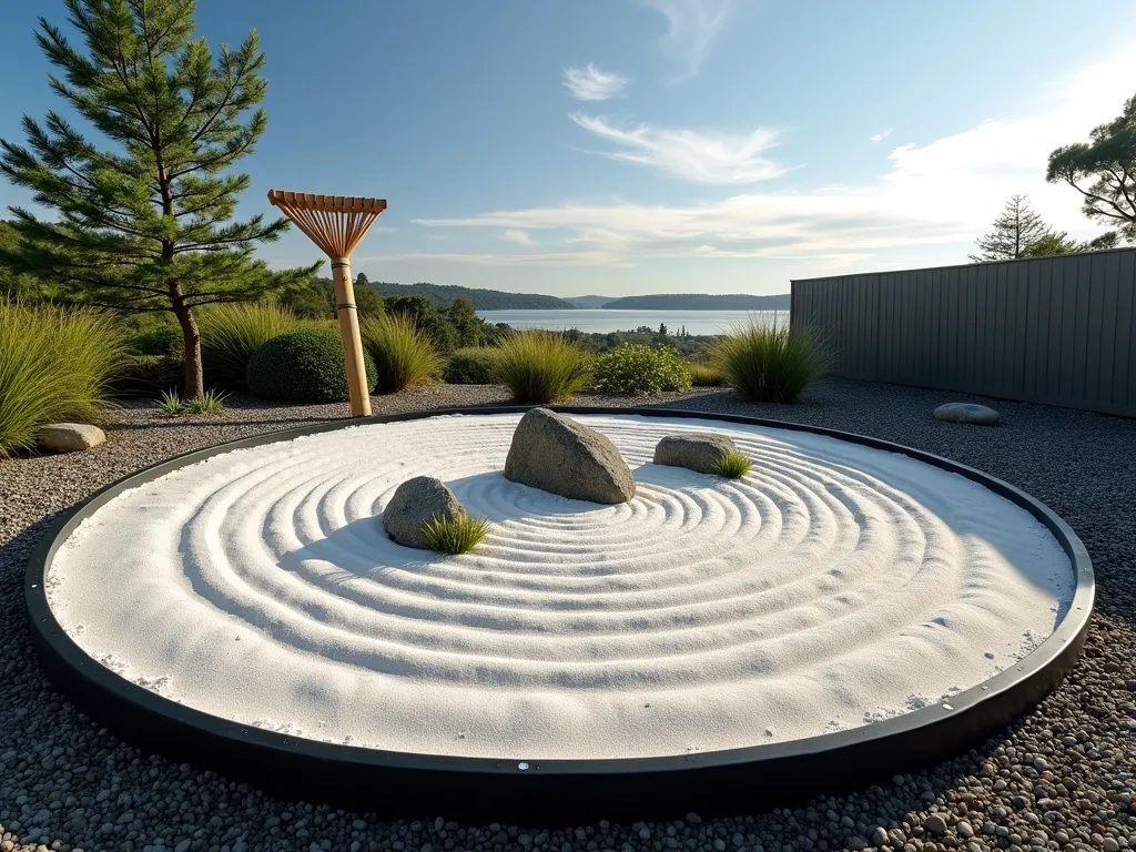 Tranquil Trampoline Zen Garden - A serene circular Zen garden created within a repurposed black metal trampoline frame, photographed from a 45-degree angle. The space features pristine white sand raked in elegant concentric circles, with three carefully placed granite boulders of varying sizes creating a triangular arrangement. Small clumps of ornamental grass and a single dwarf Japanese maple provide minimal yet purposeful greenery. A traditional bamboo rake leans gracefully against the frame. Early morning sunlight casts gentle shadows across the sand patterns, while wispy clouds float in the blue sky above. The surrounding area features a simple gravel border and subtle ground cover plantings.