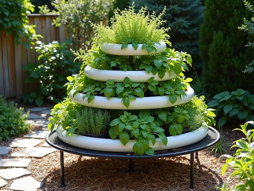 Multi-Tiered Circular Herb Garden from Repurposed Trampoline - A circular vertical herb garden made from a repurposed black metal trampoline frame, featuring 5 tiers of white curved PVC guttering arranged in descending circles. Lush herbs cascade from each level including basil, thyme, rosemary, and mint. The structure stands in a sunny garden corner with natural wood chip mulch at its base. Soft morning sunlight filters through the herbs creating gentle shadows. The guttering is professionally mounted with proper drainage holes, and the herbs appear vibrant and healthy. A stone path leads to the structure, making it easily accessible from all angles. The overall effect is both practical and aesthetically pleasing, with a modern sustainable garden design aesthetic.