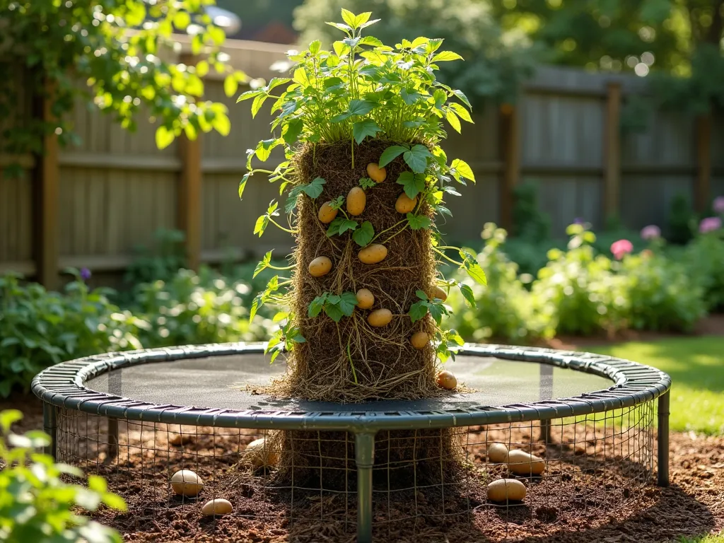 Vertical Potato Tower from Trampoline Frame - A circular trampoline frame repurposed into a vertical potato growing tower in a sunny garden setting. The frame is wrapped in sturdy chicken wire, creating a tall cylindrical structure filled with visible layers of straw and rich soil. Small potato plants emerge from various heights along the tower, with some mature plants displaying lush green foliage. The structure is approximately 6 feet tall, photographed in warm natural sunlight, with a few harvested potatoes visible at the base. The surrounding garden features companion plants and a natural mulch pathway. Photorealistic, detail-oriented architectural photography style.