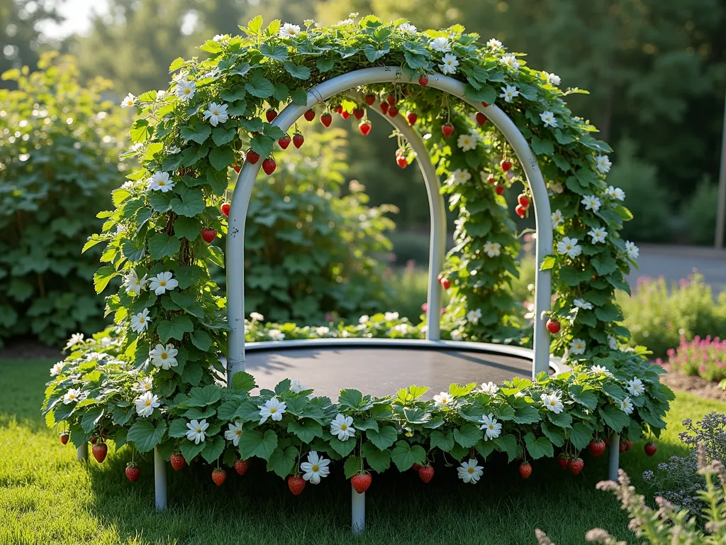 Vertical Strawberry Garden Using Trampoline Frame - A circular trampoline frame transformed into a vertical garden, featuring multiple tiers of white PVC pipes curving around the frame filled with lush strawberry plants cascading downward. The plants are bursting with bright red strawberries and white flowers against deep green foliage. Soft afternoon sunlight filters through, creating gentle shadows on a natural garden backdrop with mixed perennials. The structure stands approximately 6 feet tall, showcasing an innovative and efficient growing system in a modern garden setting. Photorealistic, high detail, garden photography style.