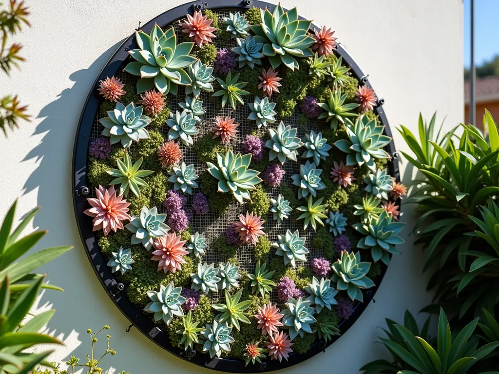 Vertical Succulent Garden Wall from Repurposed Trampoline - A stunning vertical garden created from a black metal trampoline frame mounted on a garden wall, transformed into a living wall of cascading succulents. The circular frame is filled with a matrix of wire mesh panels holding dozens of colorful succulents in various sizes and shapes. Features Echeveria rosettes in blue-green and pink hues, trailing String of Pearls, spiky Aloe vera, and purple Aeoniums arranged in a mesmerizing spiral pattern. Natural sunlight casts intricate shadows through the structure, while the industrial black frame creates a striking contrast against the lush, geometric arrangement of drought-resistant plants. Photographed in a contemporary backyard setting with soft afternoon lighting.