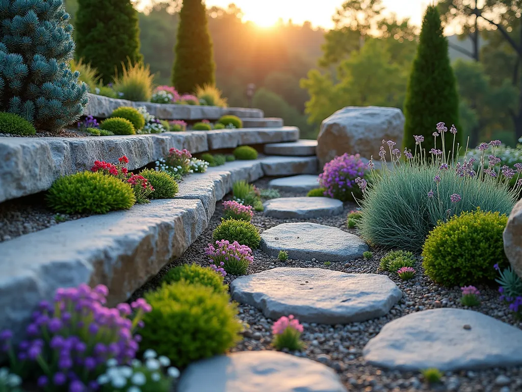 Alpine Triangle Rock Garden - A professionally landscaped triangular rock garden shot during golden hour, featuring layered granite boulders creating natural terraces. Dwarf blue spruce and miniature juniper conifers anchor the design, while clusters of colorful sempervivum and saxifraga nestle between weathered rocks. Small pockets of delicate purple aubrieta and white arabis cascade over stone edges. The garden creates a natural elevation change with three distinct tiers, photographed from a low angle to emphasize depth and dimension. Soft evening light casts long shadows across the textured rocks, while a shallow depth of field highlights the intricate alpine plantings in the foreground. Shot with a DSLR camera, wide-angle lens at f/8, ISO 100, 1/125 sec in natural lighting, capturing the garden's architectural elements and drought-resistant plantings in stunning detail.