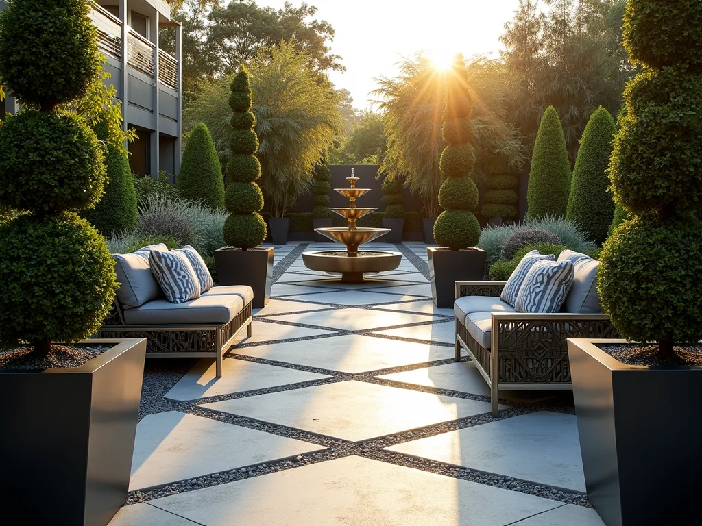 Art Deco Triangle Garden at Sunset - Professional DSLR wide-angle photograph of a sophisticated triangular garden space at golden hour, featuring dramatic Art Deco design elements. Geometric black and silver metallic planters arranged in triangular patterns contain structured boxwood topiary and silver-leaved plants. The paving combines light and dark triangular concrete sections in a striking zigzag pattern, leading to a central brass Art Deco fountain. Carefully positioned architectural plants like New Zealand flax and ornamental grasses create strong angular lines. Chrome garden furniture with geometric cushions adds to the 1920s luxury aesthetic. Soft sunset lighting casts long shadows across the geometric patterns, while uplighting begins to illuminate key features. Shot at f/8, ISO 100, emphasizing the intricate details and patterns.