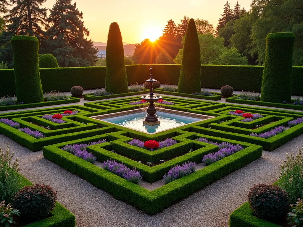 Elegant Triangle Parterre Garden at Dusk - A sophisticated triangle-shaped formal garden photographed at golden hour, featuring meticulously manicured boxwood hedges arranged in symmetrical geometric patterns. The intricate parterre design creates diamond and chevron shapes within the triangle, filled with vibrant purple lavender and crimson roses. A classical bronze fountain stands majestically at the triangle's apex, water gently cascading in the warm evening light. Gravel paths wind between the geometric patterns, and carefully positioned garden lighting casts subtle shadows across the formal layout. Shot from a slightly elevated angle using a 16-35mm lens at f/2.8, capturing the entire triangular space while emphasizing the mathematical precision of the design against the backdrop of a glowing sunset sky.