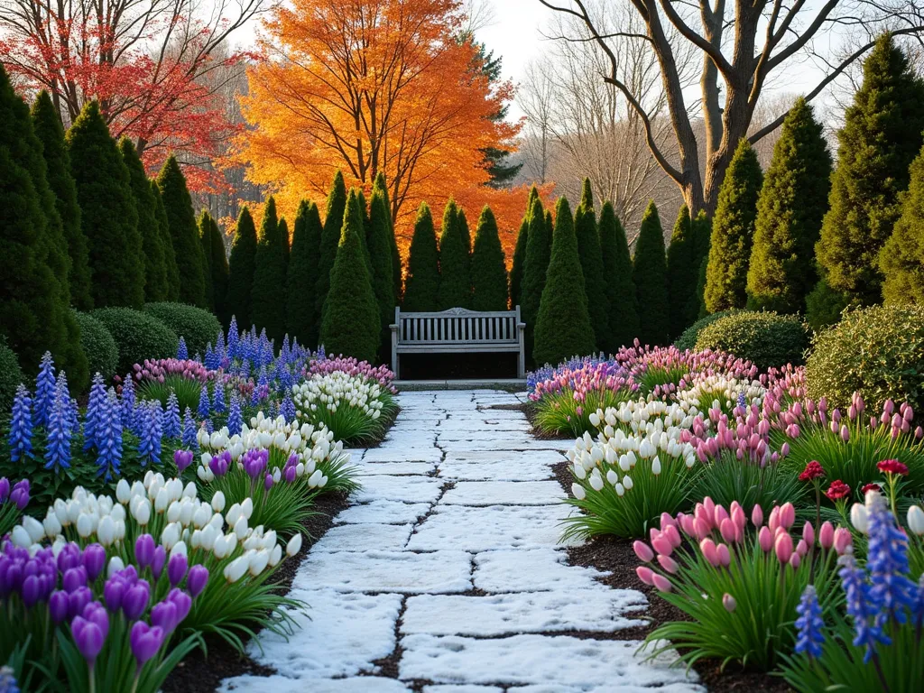 Four-Season Triangle Garden Transformation - A stunning triangular garden space photographed at golden hour, showcasing year-round beauty in a single composition. The foreground features vibrant purple crocuses and white snowdrops emerging through light snow, while the middle ground displays a harmonious mix of flowering perennials including pink echinacea and blue delphiniums in full bloom. The background is anchored by structural evergreens including pyramidal boxwoods and a Japanese maple with brilliant autumn foliage. Winter red berries from holly bushes add pops of color throughout. Natural stone pathways wind through the space, and a rustic wooden bench sits at the apex of the triangle. Professional garden photography, soft lighting, dramatic shadows, 24mm wide-angle lens, high resolution, photorealistic.