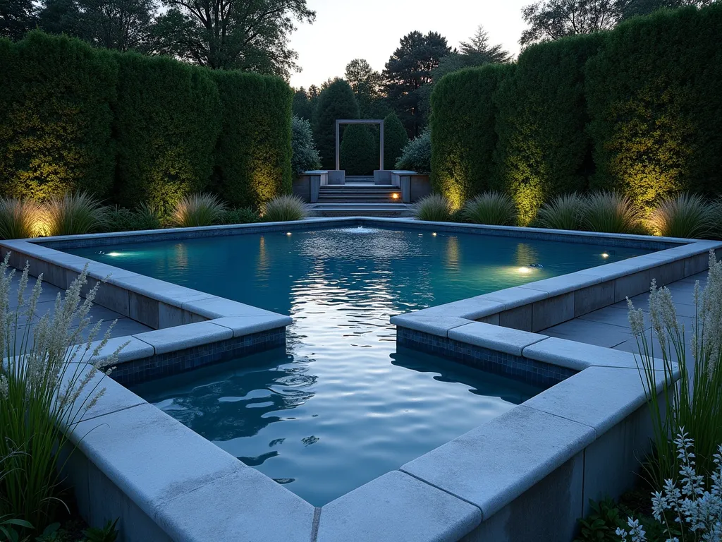 Geometric Triangle Water Feature - A stunning dusk photograph of a triangular formal water feature in a modern garden setting. Three geometric pools cascade down different levels, connected by thin water channels with subtle water jets creating gentle arcs. Clean-cut limestone borders frame the pools, while perfectly manicured boxwood hedges follow the triangular shape. Underwater LED lights illuminate the crystal-clear water with a soft blue glow. Architectural grasses and white flowering plants border the feature. Shot from a elevated angle to emphasize the geometric design, with the last rays of sunset reflecting off the water's surface. Captured with a 16-35mm lens at f/2.8, ISO 400, creating a dreamy depth of field.