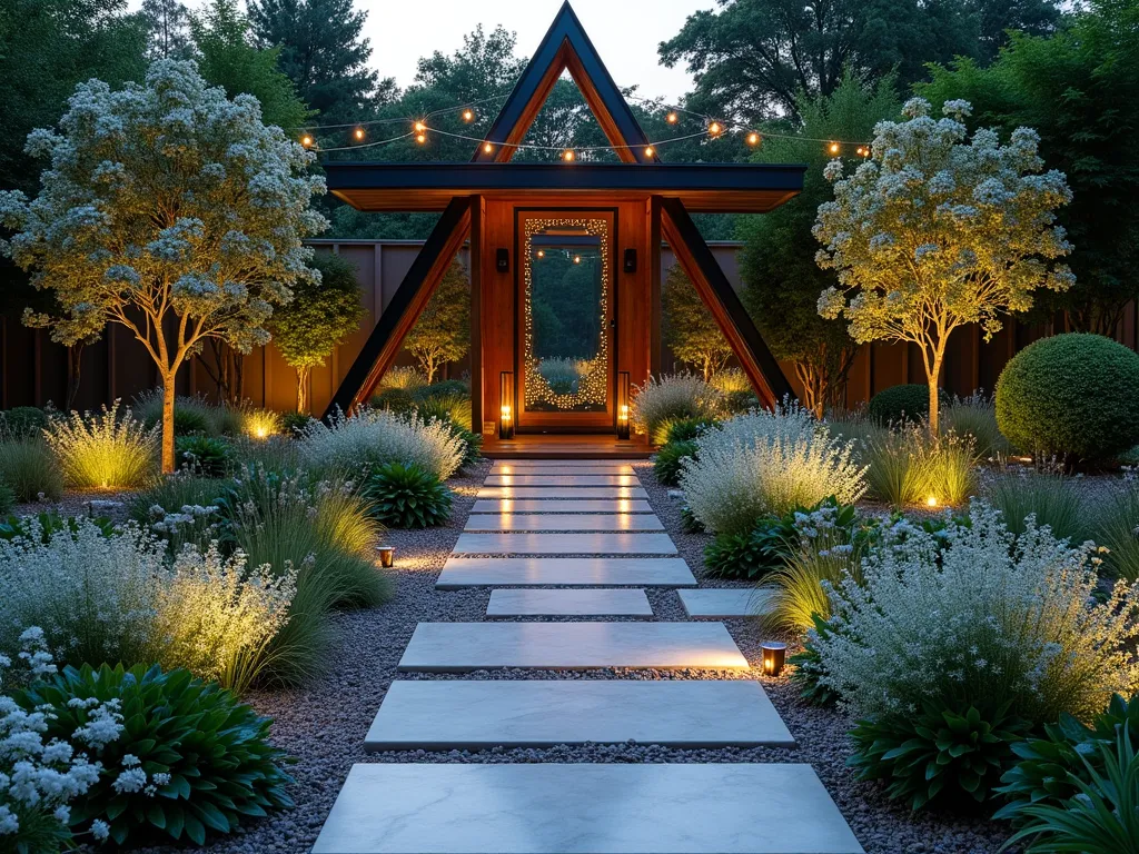 Illuminated Triangle Night Garden - A stunning triangular garden space at twilight, photographed with a 16-35mm lens at f/2.8, ISO 400. The garden features ethereal white-flowering moonflowers and evening primrose cascading along terraced beds. Silver-leafed artemisia and lamb's ear create ghostly highlights, while strategically placed copper path lights cast gentle shadows. A central decorative mirror reflects the garden's illumination, with string lights draped overhead in a triangular pattern. The foreground showcases white jasmine climbing a modern triangular trellis, their blooms glowing in the evening light. Crushed marble pathways wind through the space, catching and reflecting the ambient lighting.