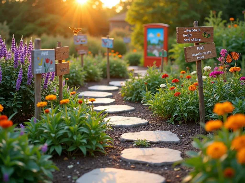 Interactive Triangle Children's Discovery Garden - A charming triangular garden space photographed during golden hour, featuring a winding stepping stone path through a child-sized wonderland. Vibrant butterfly bushes and purple coneflowers line the edges, while a small raised vegetable patch occupies one corner. Colorful, wooden educational signs with illustrations about plant growth dot the landscape. The foreground shows children-sized gardening tools next to sensory plants like lamb's ear and mint. A butterfly hovers near bright zinnias, and solar-powered fairy lights weave through the space. Shot with a wide angle lens to capture the full triangular layout, with soft, warm lighting highlighting the interactive elements. Professional garden photography, 16-35mm, f/2.8, ISO 400