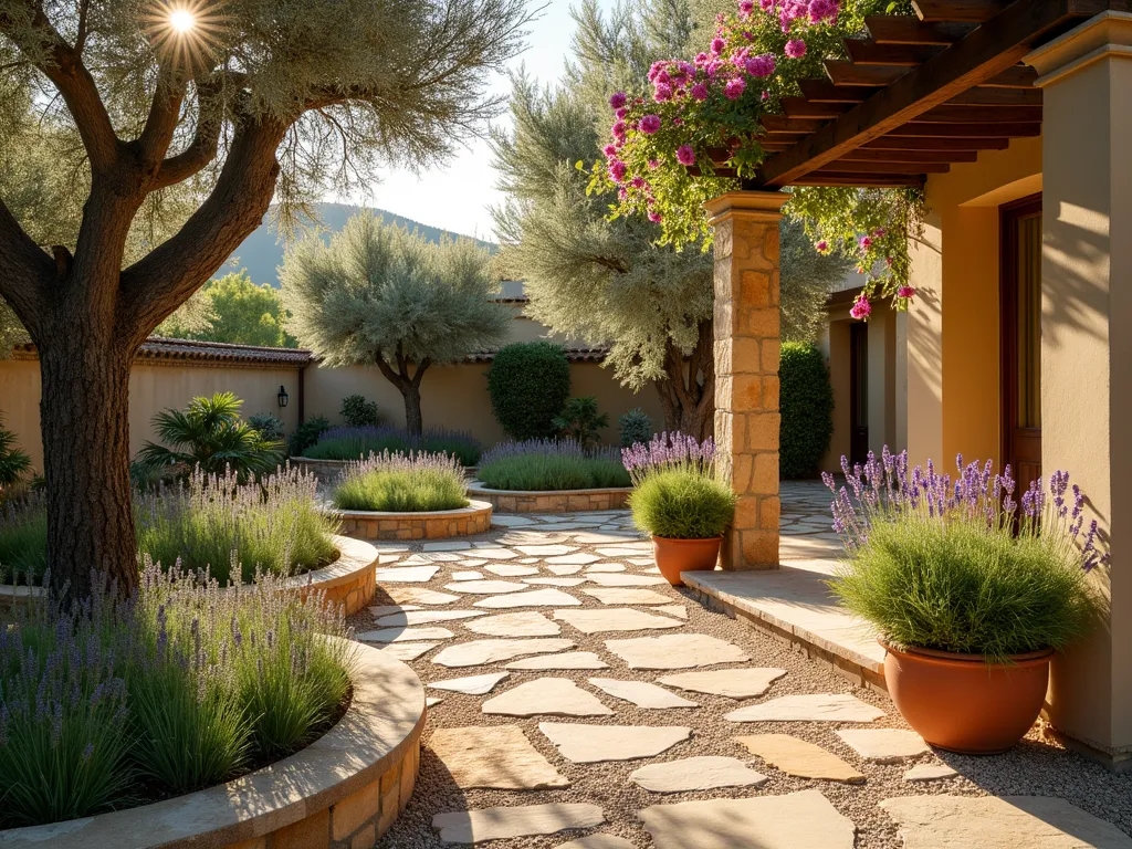 Mediterranean Triangle Terrace Oasis - A stunning triangular garden terrace photographed during golden hour, showcasing an elegant Mediterranean design. The space features mature olive trees casting dappled shadows on cream-colored gravel paths that wind through beds of blooming lavender. Multiple levels of terracotta pots overflow with rosemary, thyme, and sage. Weathered stone walls create intimate corners, while a rustic wooden pergola draped with climbing bougainvillea provides shade. The composition is captured from a slightly elevated angle, emphasizing the geometric layout and the harmonious blend of architectural elements with lush Mediterranean plantings. Natural sunlight filters through the olive branches, creating a warm, inviting atmosphere that highlights the various textures and colors of the garden. Shot with a DSLR camera, wide-angle lens at f/8, ISO 100, 1/125 sec, creating perfect depth and clarity.