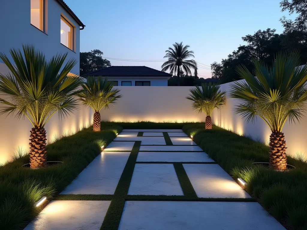 Modern Triangle Garden with Geometric Elements - A stunning twilight shot of a triangular garden space captured with a wide-angle lens. Clean geometric concrete pavers in light gray form a striking pattern across the space, creating parallel lines that draw the eye through the design. Three tall, sculptural Dracaena marginata plants serve as focal points at each corner, their architectural forms illuminated by subtle in-ground LED lighting. The minimalist design features a carefully curated selection of low-growing Ophiopogon japonicus (mondo grass) in geometric blocks between the pavers. The garden's boundaries are defined by sleek, white rendered walls that contrast beautifully with the plants. Modern strip lighting embedded in the walls casts a warm glow across the space, highlighting the geometric patterns. Shot at f/8 with natural twilight complementing the artificial lighting, creating a sophisticated and contemporary atmosphere. The composition emphasizes the clean lines and spatial geometry while maintaining a sense of organic beauty through the carefully placed plants.