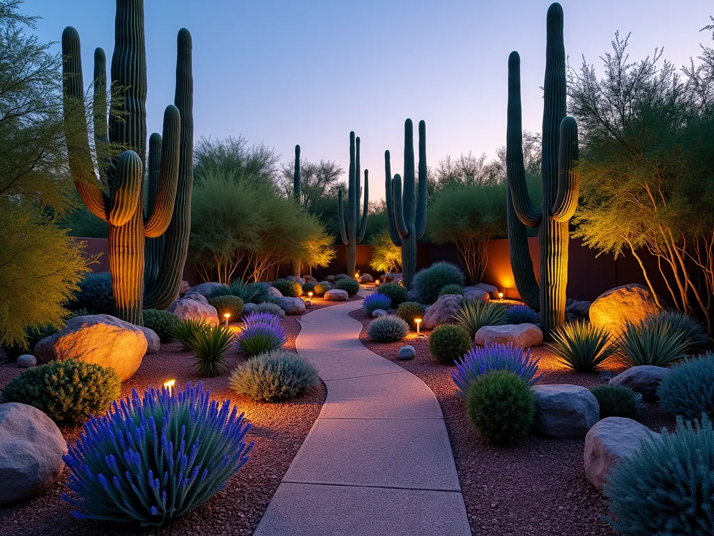 Modern Desert Triangle Xeriscape at Dusk - A stunning triangular garden space at dusk, photographed with a wide-angle DSLR lens. The desert xeriscape features dramatic levels of towering Saguaro cacti, barrel cacti, and blue agaves arranged in an artistic composition. Desert wildflowers in vibrant purples and yellows dot the landscape. Weathered boulders and rust-colored decomposed granite create natural pathways. Solar-powered ground lights cast dramatic shadows on the cacti, creating a mystical atmosphere. The triangular space is masterfully utilized with varying heights and textures. Captured during the golden hour with warm light filtering through the desert plants, f/8, ISO 100, 1/125 sec.