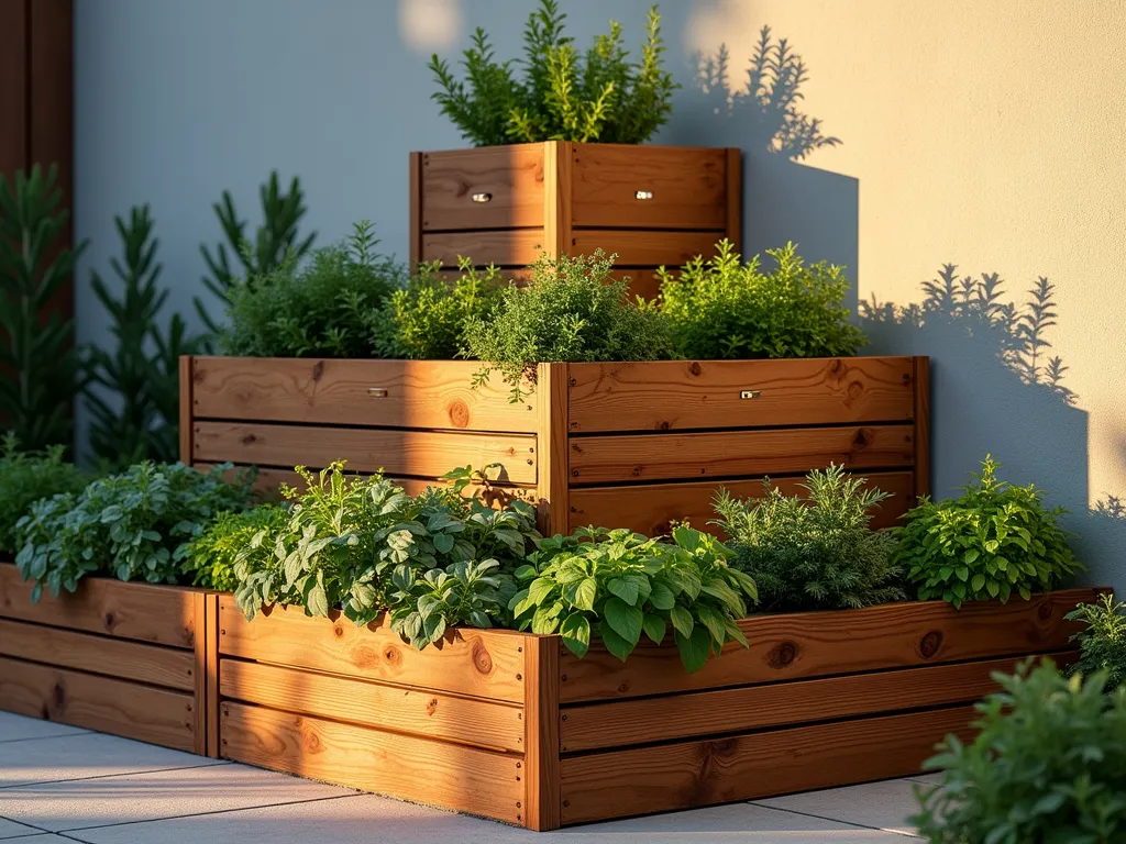 Modern Tiered Triangle Herb Garden at Sunset - A stunning triangular corner garden featuring three elegant tiered cedar planters arranged in ascending levels against a contemporary garden wall. The stepped design showcases a lush variety of culinary herbs including rosemary, basil, thyme, and sage, each level clearly defined and easily accessible. Golden evening sunlight casts long shadows across the weathered cedar, highlighting the geometric precision of the triangle design. Small copper drip irrigation lines weave discreetly through the levels, while the herbs spill slightly over each tier creating a cascading effect. The highest tier reaches about 4 feet, with each lower level stepping down 16 inches, photographed from a slight angle to emphasize depth and dimensionality. Modern landscape lighting integrated into the structure illuminates the herbs from below, creating a warm, inviting atmosphere.