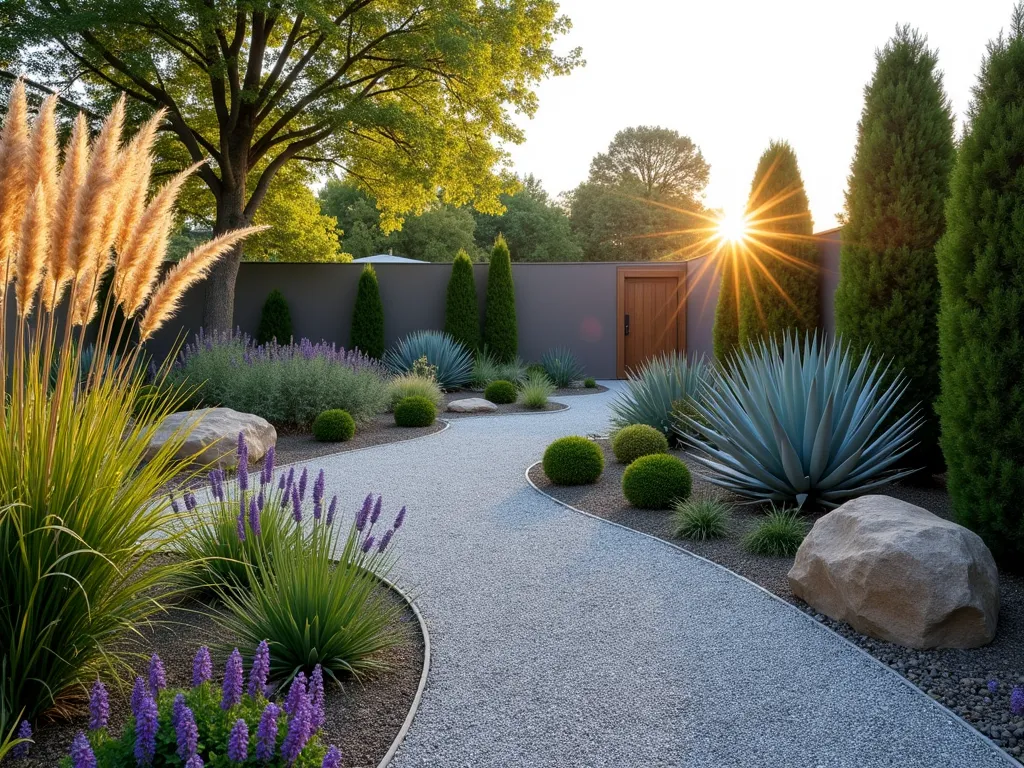 Modern Triangle Gravel Garden with Architectural Plants - Professional DSLR wide-angle shot of a triangular-shaped garden space at golden hour, featuring a modern gravel garden design. Silver-grey decorative gravel creates elegant pathways through drought-resistant plants. Tall Miscanthus grasses sway gracefully in the foreground, while architectural Blue Atlas Cedar and spiky Agave plants provide dramatic focal points. Purple Russian Sage and Lavender add color, growing through the gravel. Natural stone boulders scattered throughout add organic texture. Clean geometric lines define the triangle's edges, with soft lighting casting long shadows across the graveled surface, highlighting the garden's textural elements. f/8, ISO 100, 1/125s, captured during sunset for warm, golden lighting.