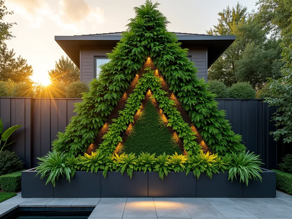 Modern Triangle Living Wall Garden Feature - A stunning triangular living wall system photographed during golden hour, mounted on a contemporary garden wall. The modular system features cascading levels of lush Autumn Ferns, Japanese Painted Ferns, English Ivy, and Boston Ferns creating a vibrant vertical garden. Soft evening light filters through the foliage, casting delicate shadows. The wall includes sleek integrated irrigation lines and modern planting modules in a matte charcoal finish. Shot at f/8 with a wide-angle lens to capture the full geometric impact while maintaining detail in both the architectural elements and plant textures. The perspective shows the full height of the installation while emphasizing the dimensional layers of greenery. Photorealistic, 8K quality, architectural photography style.