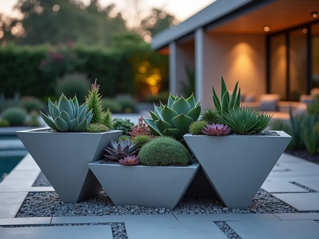 Modern Triangle Succulent Garden - A contemporary garden vignette at dusk featuring an artistic arrangement of triangular concrete planters forming a larger triangle pattern. The planters, varying in height from 8 to 24 inches, showcase a vibrant collection of geometric succulents including Echeveria, Agave, and Aloe vera. The clean lines of the minimalist grey planters contrast beautifully with the organic forms of the succulents. Soft ambient lighting highlights the textural details of the plants while casting subtle shadows. Shot from a low angle with a 16-35mm lens at f/2.8, capturing the architectural details against a blurred modern patio background. Golden hour lighting creates warm highlights on the succulent leaves, while cool blue undertones in the concrete add depth. A light layer of decorative gravel surrounds the base of the arrangement.