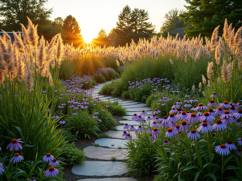 Prairie-Style Triangle Garden at Golden Hour - A professionally photographed triangular garden space at golden hour, featuring a naturalistic prairie-style design. Tall, swaying Feather Reed Grass catches the warm evening light, while clusters of purple coneflowers and black-eyed susans create dramatic focal points. The layered planting includes Mexican Feather Grass in the foreground providing a soft, ethereal texture. The garden is photographed from a lower angle to emphasize height and movement, with the setting sun creating backlit silhouettes of the ornamental grasses. Natural stone pathways weave through the space, and native butterflies hover over the blooms. Shot with a wide-angle lens capturing the entire triangular space while maintaining intimate detail of the prairie plantings.