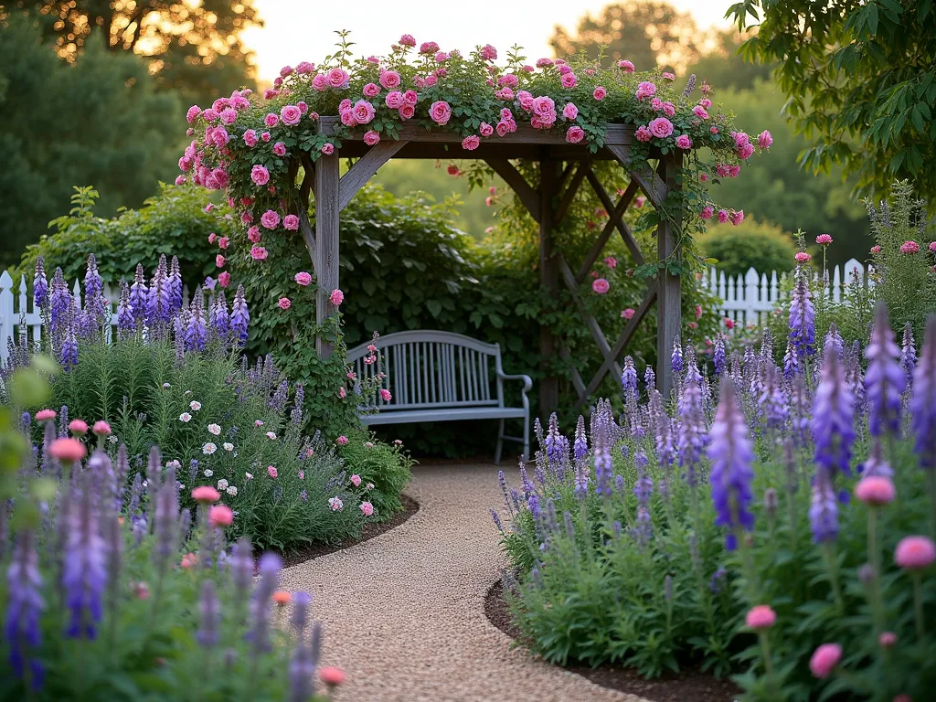 Romantic Triangle Cottage Garden with Rose Arbor - A dreamy dusk scene of a triangular cottage garden, with a weathered wooden arbor adorned with climbing pink David Austin roses at its apex. Winding gravel paths lead through lush, overflowing beds filled with blooming English lavender, foxgloves, and delphinium in soft purples and blues. The garden features cottage-style planting with Russian sage, bellflowers, and white phlox creating a romantic atmosphere. Captured from a three-quarter elevated angle to show the triangular shape, with golden hour lighting casting long shadows and highlighting the abundant flowers. Traditional white picket fence partially visible along one edge, with climbing clematis intertwining through it. A vintage-style metal bench sits beneath the arbor, surrounded by billowing catmint and pink echinacea.