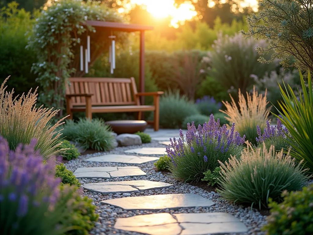 Sensory Triangle Garden Retreat - A tranquil triangle-shaped sensory garden photographed during golden hour, featuring a curved stone path leading to a cozy teak meditation bench. The garden showcases layers of therapeutic plants including tall swaying lavender, silver-leaved lamb's ear, and fragrant rosemary bushes. A small copper water feature creates gentle cascading sounds, while wind chimes hang from a decorative metal arch. Textural elements include ornamental grasses catching the warm evening light, and stepping stones surrounded by creeping thyme. The space is intimately photographed from a low angle, capturing the interplay of textures and the soft bokeh effect of the setting sun through the foliage. Professional DSLR photograph with careful attention to depth of field, showcasing the rich sensory details and peaceful atmosphere.