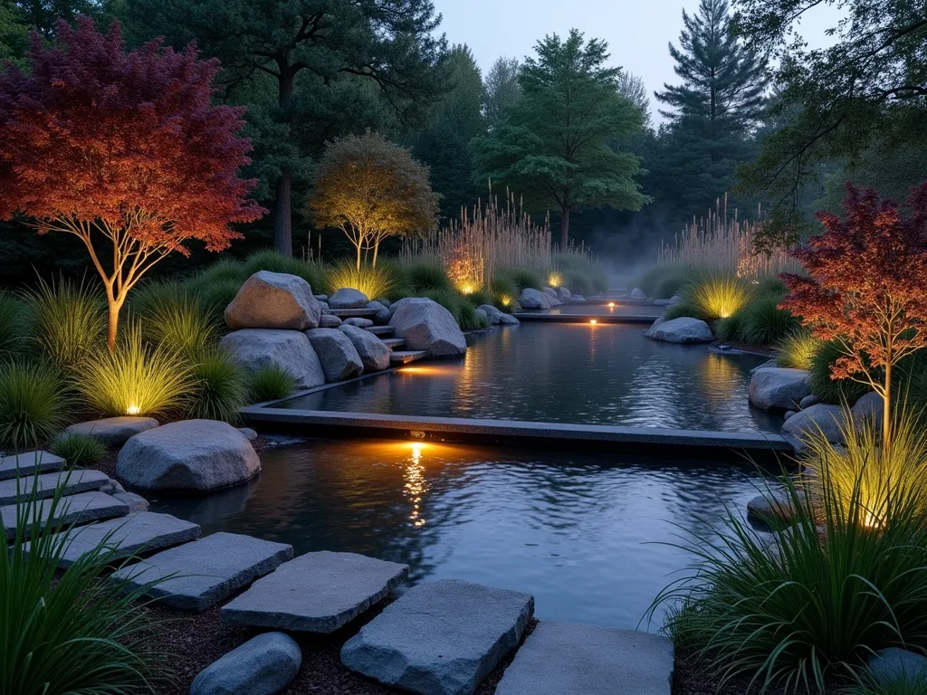 Tranquil Triangle Water Garden - A dusk scene of an elegant triangular water feature in a garden corner, photographed from a raised angle. The modern triangular pond features three gentle cascading levels with smooth black granite edges. Illuminated by warm LED uplighting, creating a magical reflection on the still water. Japanese forest grass, burgundy-colored Japanese maples, and delicate water iris surround the feature. Natural slate stepping stones wind through ornamental grasses, while copper-colored cattails sway gently in the background. The water feature is anchored by large river rocks at each corner, with subtle underwater lighting creating a ethereal glow. Mist hovers just above the water's surface, adding mystery and depth to the scene.