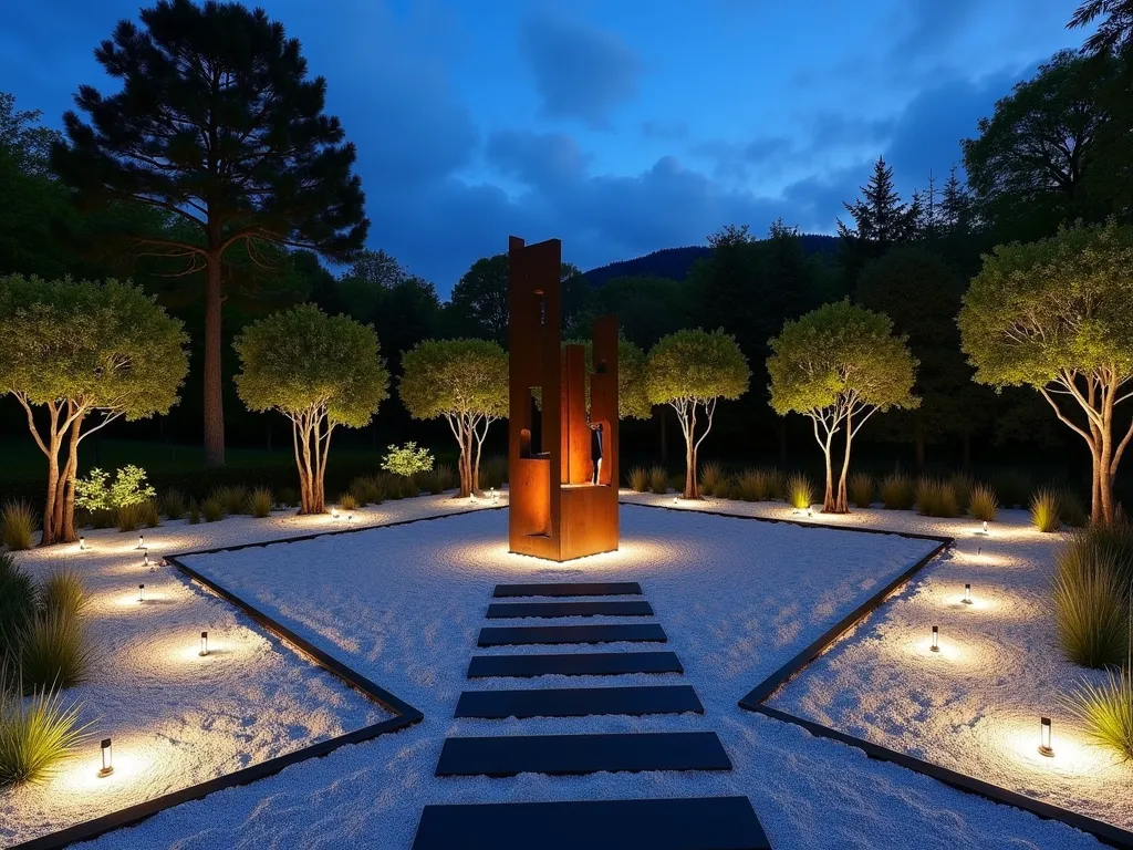 Triangle Contemporary Sculpture Garden at Dusk - A stunning triangular garden space at dusk, photographed with a 16-35mm lens at f/2.8, ISO 400. Modern abstract metal sculptures in varying heights emerge from a minimalist landscape of crushed white granite. Clean geometric pathways in dark slate intersect the space, leading to a central focal point sculpture in weathered Cor-ten steel. Strategic uplighting creates dramatic shadows and highlights the sculptures' forms against a deep blue twilight sky. Low-growing ornamental grasses in small clusters provide subtle movement, while carefully placed Japanese Cloud Pruned trees add organic shapes to balance the angular design. The garden's triangular boundaries are defined by illuminated cor-ten steel edging, creating a sophisticated gallery-like atmosphere in this transformed outdoor space.