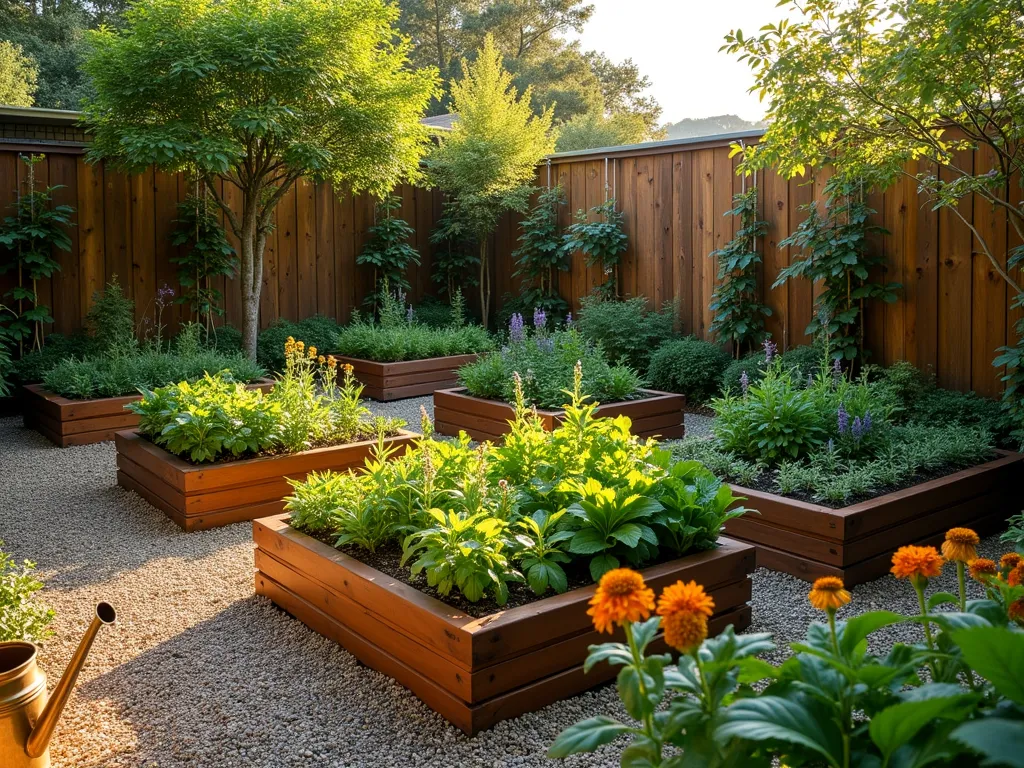 Triangle Edible Garden with Espaliered Fruit Trees - A golden hour photograph of a triangular garden space showcasing a beautifully organized edible landscape. Along the back fence, meticulously espaliered apple and pear trees create a living wall. Raised cedar beds arranged in a geometric pattern contain thriving vegetables including tomatoes, peppers, and leafy greens. A gravel path lined with aromatic Mediterranean herbs like lavender, rosemary, and thyme winds through the space. Vertical growing structures support climbing peas and beans. The scene is captured from a 45-degree elevated angle, highlighting the efficient use of the triangular space. Warm evening light casts long shadows across the garden, while a copper watering can sits beside one of the beds. The design combines functionality with aesthetic appeal, featuring companion planting of marigolds and nasturtiums among the vegetables. Photorealistic, high detail, f/8, golden hour lighting.