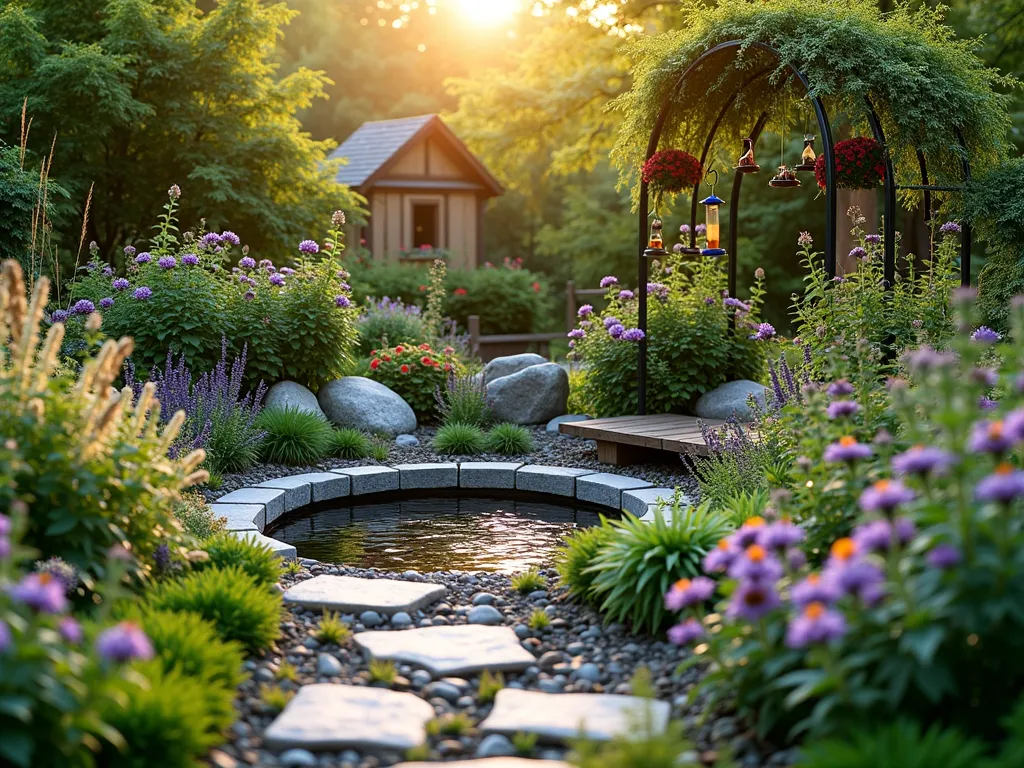 Triangle Wildlife Haven - A close-up shot of a triangular garden space at golden hour, featuring a naturalistic design with layered native plantings. A small circular pond sits at one corner, surrounded by river rocks and ornamental grasses. Purple coneflowers and black-eyed susans bloom in abundance, while compact berry-producing viburnum shrubs create a lush backdrop. Multiple bird feeders hang from a decorative metal arch, with birds actively feeding. Dense ferns and woodland perennials provide ground coverage, while butterflies hover over the nectar-rich flowers. Natural stone stepping stones weave through the space, and a small log pile creates a habitat feature. The warm evening light casts long shadows across the textured planting, creating a magical wildlife sanctuary atmosphere.