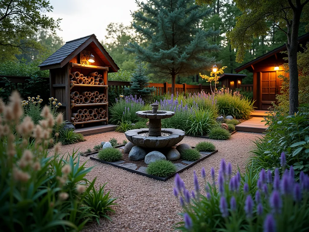 Triangle Wildlife Garden Sanctuary - A triangular garden space at dusk with soft atmospheric lighting, photographed with a wide-angle lens capturing the entire eco-friendly sanctuary. Native wildflowers and grasses sway gently in the foreground, while a rustic wooden insect hotel adorned with pine cones and bamboo tubes stands as a focal point. A natural stone bird bath with trickling water creates a peaceful centerpiece, surrounded by butterfly-attracting purple coneflowers and black-eyed susans. Scattered log piles and rock gardens provide shelter for small creatures, while native ferns create shaded corners. Solar-powered garden lights cast a warm glow on the naturalistic pathways made from recycled wood chips. Shot with a professional digital camera, 16-35mm lens at f/2.8, ISO 400, capturing the golden hour ambiance and wildlife activity.