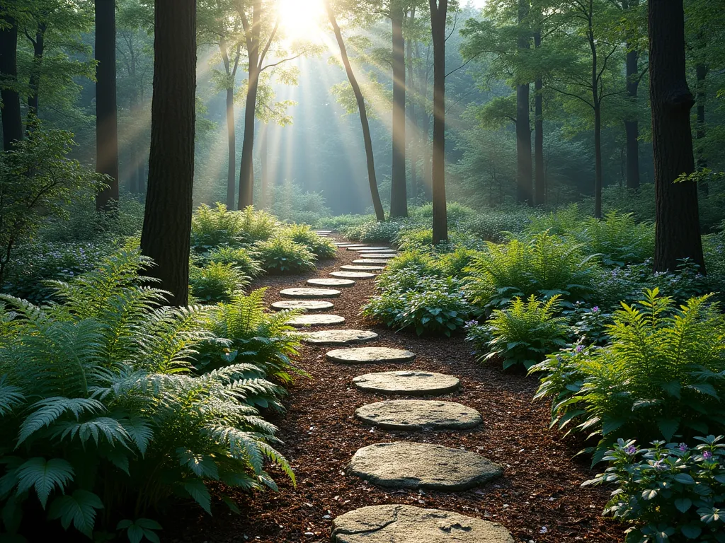 Enchanted Triangle Woodland Garden - A serene triangular garden space at dawn with filtered sunlight through tall trees, featuring a winding natural stone path through lush woodland plantings. In the foreground, clusters of Japanese Painted Ferns create silvery highlights, while varied hostas in blue-green and chartreuse provide dramatic leaf textures. Natural wood mulch covers the ground between plantings, dotted with colonies of creeping woodland phlox and wild violets. Moss-covered stones line the meandering path, which disappears into the distance where morning mist adds mystery. The composition is photographed from a slightly elevated angle to emphasize the triangular shape and layered planting design. The atmosphere is moody and magical, with dew drops glistening on the foliage.