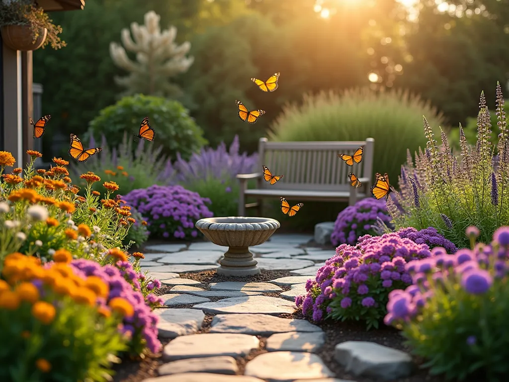 Triangular Butterfly Haven - A stunning triangular garden corner photographed during golden hour, featuring a harmonious blend of butterfly-attracting flowers in vibrant purples, pinks, and yellows. The space includes beds of Echinacea, Lantana, and Butterfly Bush in full bloom, with several Monarch and Swallowtail butterflies dancing among the flowers. A decorative shallow stone birdbath sits centrally, catching the warm light. Milkweed plants line the edges for butterfly larvae, while ornamental grasses provide texture and movement. The garden is photographed from a slightly elevated angle, showing the perfect utilization of the triangular space, with stepped planting heights creating visual interest. Natural stone pavers form a small viewing area, and a rustic wooden bench offers a peaceful spot to observe the pollinators. Shot with soft, dreamy bokeh effect highlighting the dancing butterflies in the foreground.