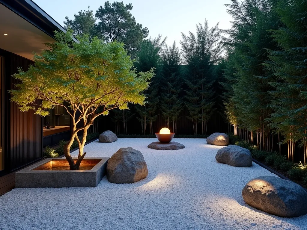 Triangular Zen Garden Sanctuary - A serene triangular corner garden at dusk, featuring a graceful Japanese Maple tree casting delicate shadows on fine white gravel raked in traditional Zen patterns. A small copper basin water feature creates gentle ripples, while tall black bamboo provides natural screening along the back walls. Strategically placed granite boulders of varying sizes anchor the space, with soft landscape lighting creating a peaceful ambiance. The wide-angle view captures the entire triangular space, showing how the design elements harmoniously flow together in this intimate meditation retreat.