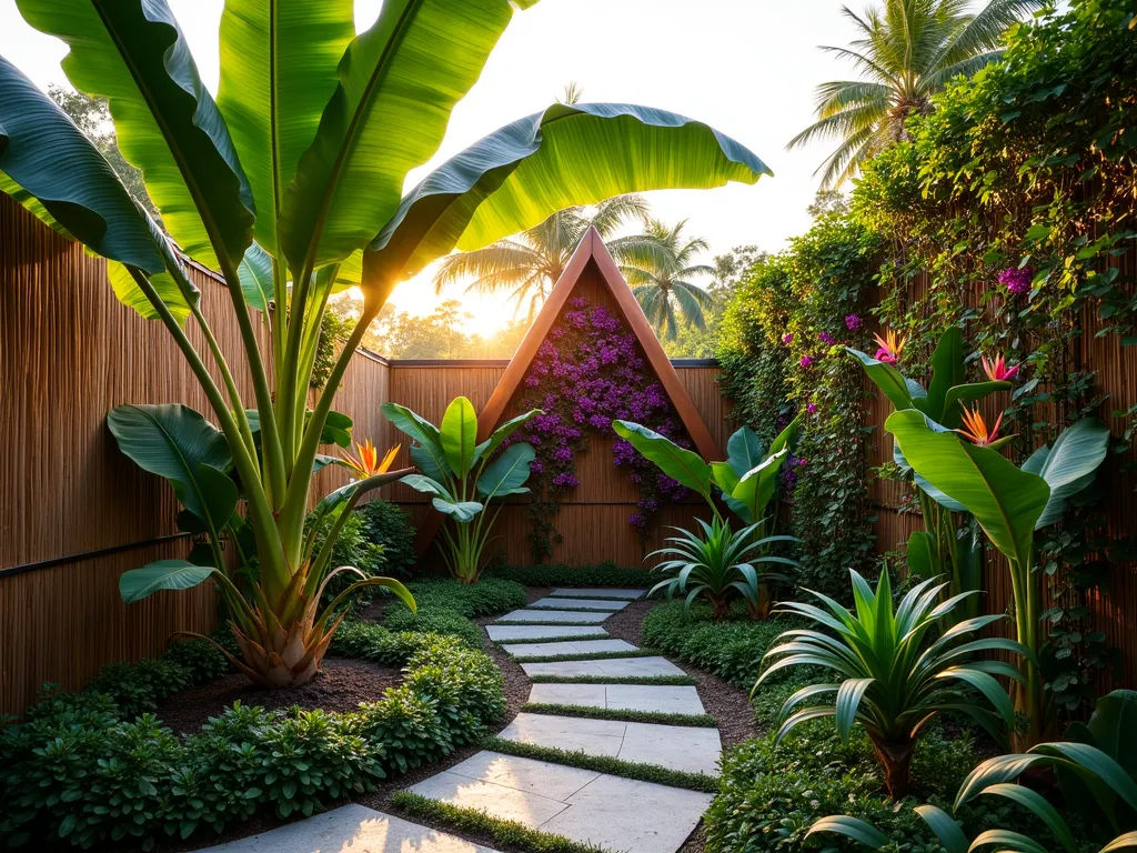 Tropical Triangle Corner Paradise - A striking triangular garden corner photographed at golden hour, featuring a dramatic layered tropical paradise. A towering banana tree stands as the centerpiece, its large leaves backlit by warm sunlight. Bird of paradise plants with vibrant orange blooms and massive elephant ears create a lush middle layer. A custom-designed triangular copper trellis adorned with flowering purple passion vines adds vertical interest. Natural stone pavers create a winding path through the space. The composition is captured with a wide-angle lens at f/8, emphasizing depth and texture, with dappled sunlight filtering through the foliage creating magical light patterns. Architectural bamboo screens form the background, while tropical ferns and colorful bromeliads fill the foreground. Professional DSLR photo with perfect exposure and stunning bokeh effects.