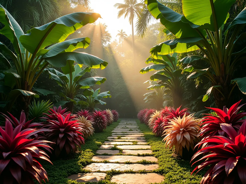 Lush Tropical Triangle Shade Garden - A dramatic wide-angle photograph of a triangular garden corner at golden hour, showcasing a lush tropical paradise. Towering elephant ears and banana plants create a dramatic canopy, while layers of vibrant caladiums in deep reds and pinks provide striking midground color. Clusters of bromeliad rosettes add structural interest at ground level, their colors enhanced by dappled sunlight filtering through the leaves above. Natural stone pavers create a mysterious pathway leading into the jungle-like setting, with moss-covered edges adding to the wild aesthetic. Captured with atmospheric mist and golden light streaming through the foliage, creating an enchanted tropical atmosphere in this transformed corner space. Shot with a 16-35mm lens at f/2.8, ISO 400, emphasizing the depth and dimensionality of the layered planting design.