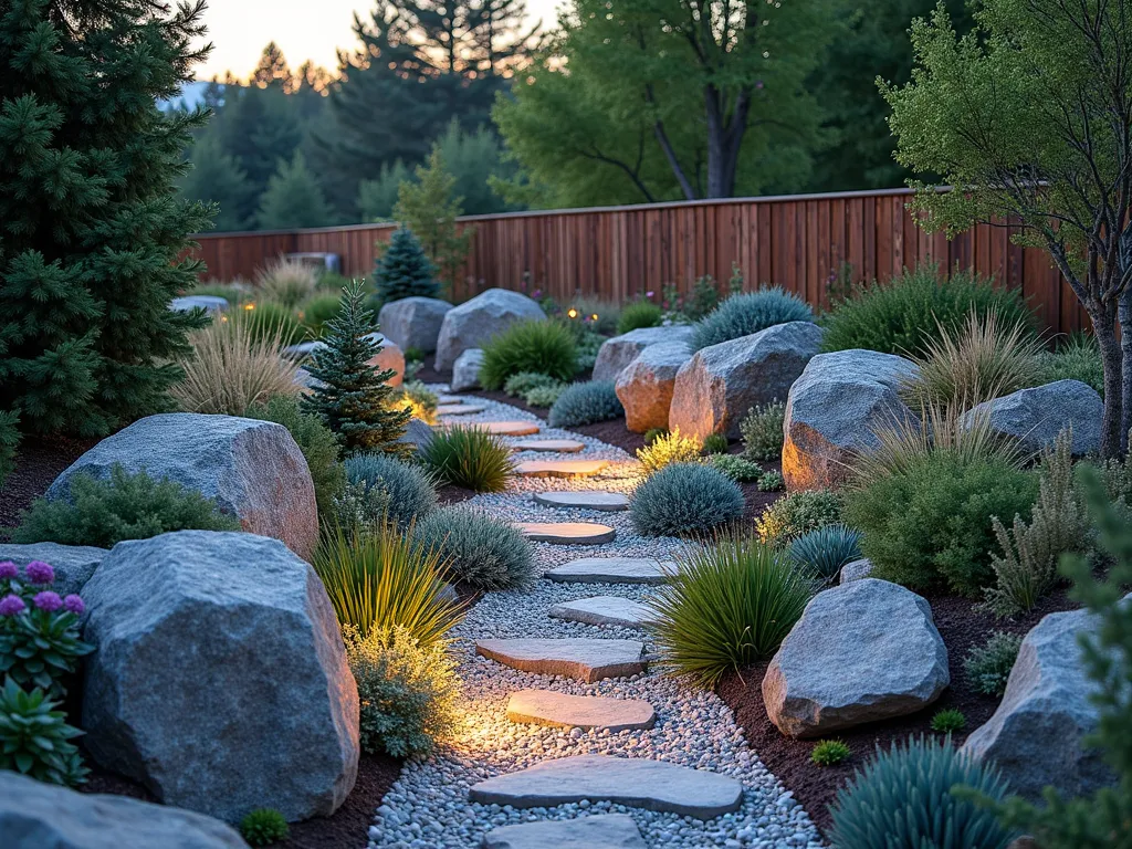 Alpine Triangle Rock Garden at Dusk - A stunning triangular rock garden photographed at dusk with soft golden light illuminating multiple terraced levels. Natural stone outcrops create dramatic texture while miniature blue spruce conifers and various succulents cascade down the slopes. Weathered granite boulders frame winding pebble paths between drought-resistant sedum clusters and flowering sempervivum rosettes. Small alpine flowers in purples and whites peek between rocks, while ornamental grasses add movement. Shot from a low angle to emphasize depth and dimension, with a natural wood fence creating a backdrop. Professional landscape lighting highlights key features and creates subtle shadows.