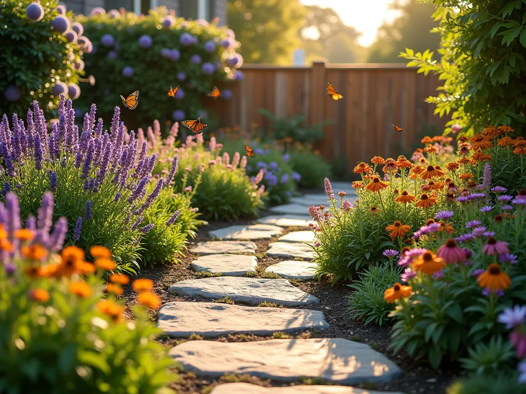 Butterfly Haven Triangle Garden - A stunning triangular garden space photographed during golden hour, featuring a harmonious blend of butterfly-attracting plants. The three points of the triangle showcase tall purple Buddleja (Butterfly Bush), vibrant orange Asclepias (Butterfly Weed), and pink Echinacea. A natural stone pathway winds through the garden, leading to a decorative shallow butterfly puddling station at the center. Lantana and Verbena create colorful middle-height layers, while Lavender borders the edges. The scene captures several Monarch and Swallowtail butterflies in flight, with dappled sunlight filtering through the foliage. Shot with a wide-angle lens to showcase the complete triangular design, with selective focus highlighting the butterfly activity. The garden is backdropped by a wooden fence covered in climbing Clematis, creating depth and context within a residential setting. Professional DSLR photo with pristine clarity, natural lighting, and perfect depth of field.