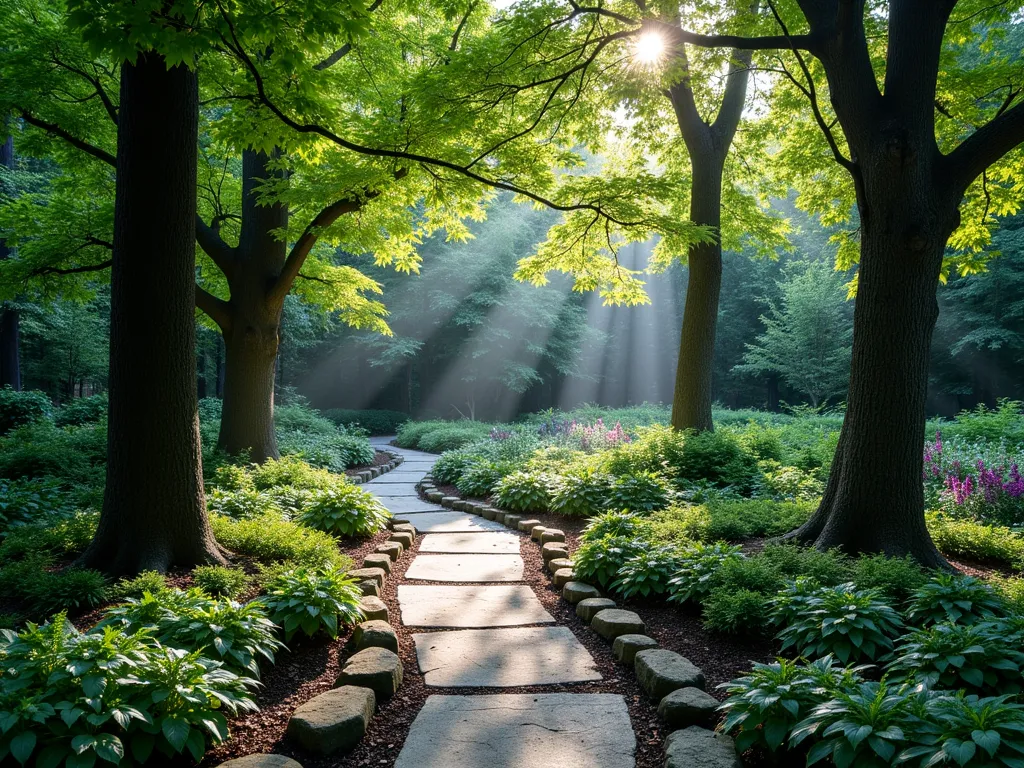 Enchanted Woodland Triangle Garden - A tranquil triangular shade garden at dusk, with dappled light filtering through three mature Japanese maple trees positioned at each corner. A natural stone pathway winds through the space, bordered by lush clusters of emerald ferns, blue-green hostas, and purple heucheras. The garden features layers of texture with woodland flowers like astilbe and bleeding hearts adding pops of color. Soft landscape lighting illuminates the meandering path, while moss-covered stones create natural borders. Shot from a medium-high angle to showcase the triangular layout and the interplay of shadows and light through the canopy. Atmospheric mist hovers near the ground, creating a mystical woodland atmosphere in this backyard retreat.