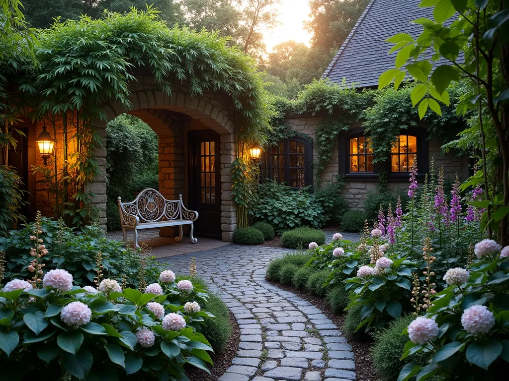 Enchanting Triangle Secret Garden - A magical twilight scene of a triangular garden space transformed into a secret garden sanctuary. Tall ornamental bamboo and climbing roses create natural walls along two sides, while a weathered stone archway draped in wisteria marks the entrance. A winding cobblestone path leads through different 'rooms' of the garden, with Japanese maples providing dappled shade. In the heart of the space, a secluded vintage iron bench sits in a cozy nook surrounded by flowering hydrangeas and foxgloves. Soft garden lighting illuminates the path and highlights the mysterious atmosphere, while glimpses of additional garden spaces can be seen through strategic gaps in the foliage. The perspective is from a slightly elevated angle, capturing the entire triangular layout while maintaining an intimate feel, with the golden hour sun casting long shadows and creating a ethereal glow through the plantings.