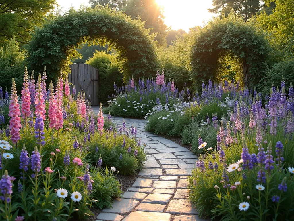 Enchanting Triangular Cottage Garden - A stunning triangular garden corner photographed during golden hour, showcasing a lush cottage-style design. In the foreground, a weathered stone path winds through an abundant display of English lavender, foxgloves, and delphiniums in full bloom. The triangle's apex features a romantic climbing rose arch covered in pale pink David Austin roses, while the other corners showcase tall hollyhocks and architectural cardoons. The center bursts with a naturalistic mix of cottage garden favorites including salvias, cosmos, and Russian sage, creating layers of purple, pink, and white blooms. Soft evening light filters through the foliage, casting gentle shadows across the informal planting scheme. The composition is captured with a wide-angle lens at f/8, emphasizing both the garden's intimate details and its overall triangular structure, with a vintage wooden gate adding character to one corner. Shot during magic hour with warm, directional lighting highlighting the garden's textural diversity and cottage charm.